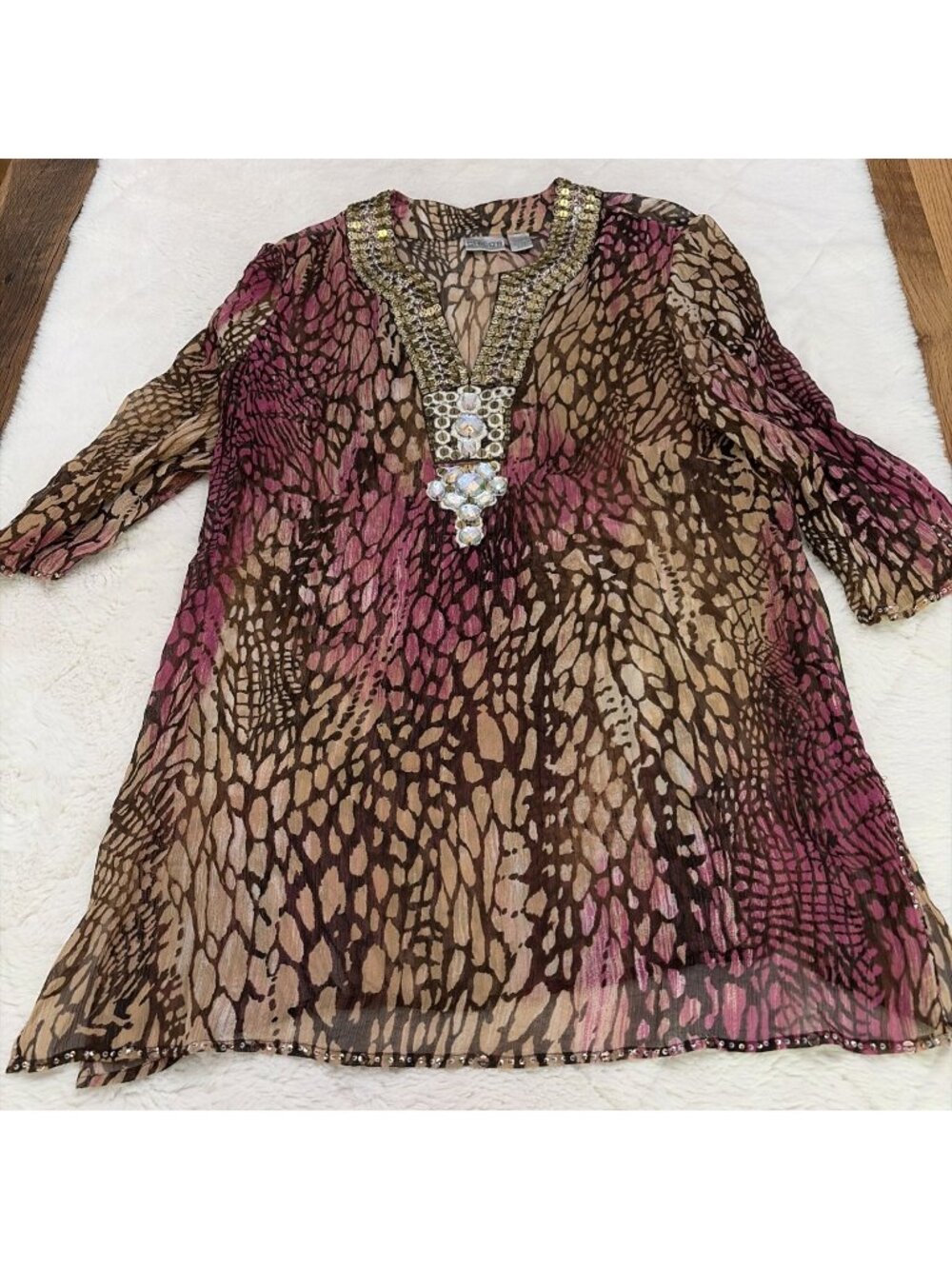 Chicos Womens Size 2 Sheer Decorative Blouse Tunic Length